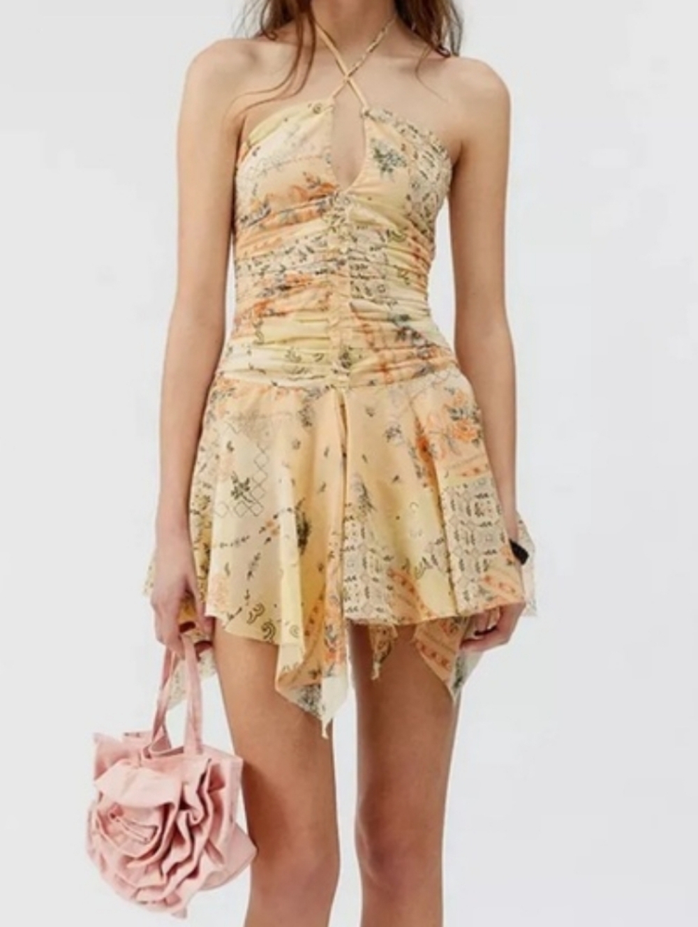 Urban Outfitters Pale Yellow Floral Asymmetrical Handkerchief Dress